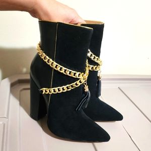 THINGS II COME Women's Keiisha Luxurious Chain Block Heel Dress Booties